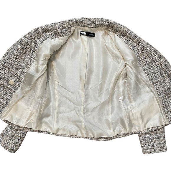 Zara Tweed Blazer Double Breasted Weave Cropped Jacket Small - Picture 10 of 12